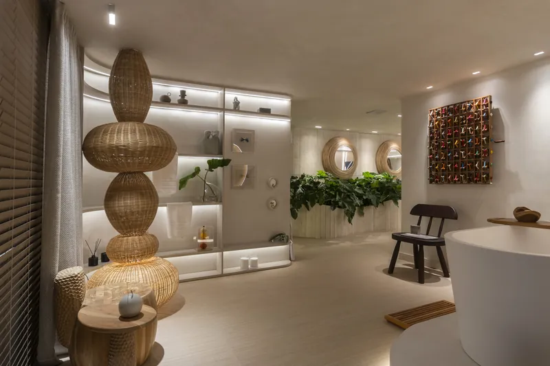 Spa com a estante em curva e o painel de nichos iluminados ao lado da banheira