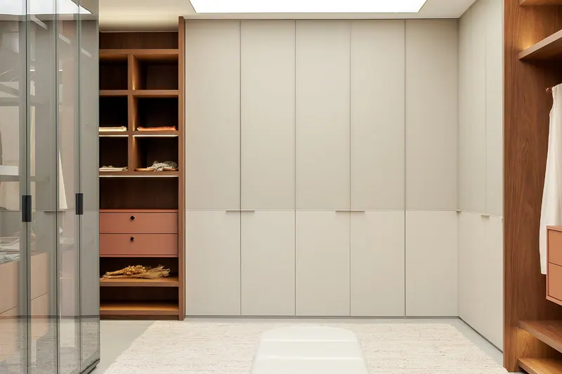 Closet em L com portas lisas em tom claro, nichos amadeirados e gavetas em tom terracota