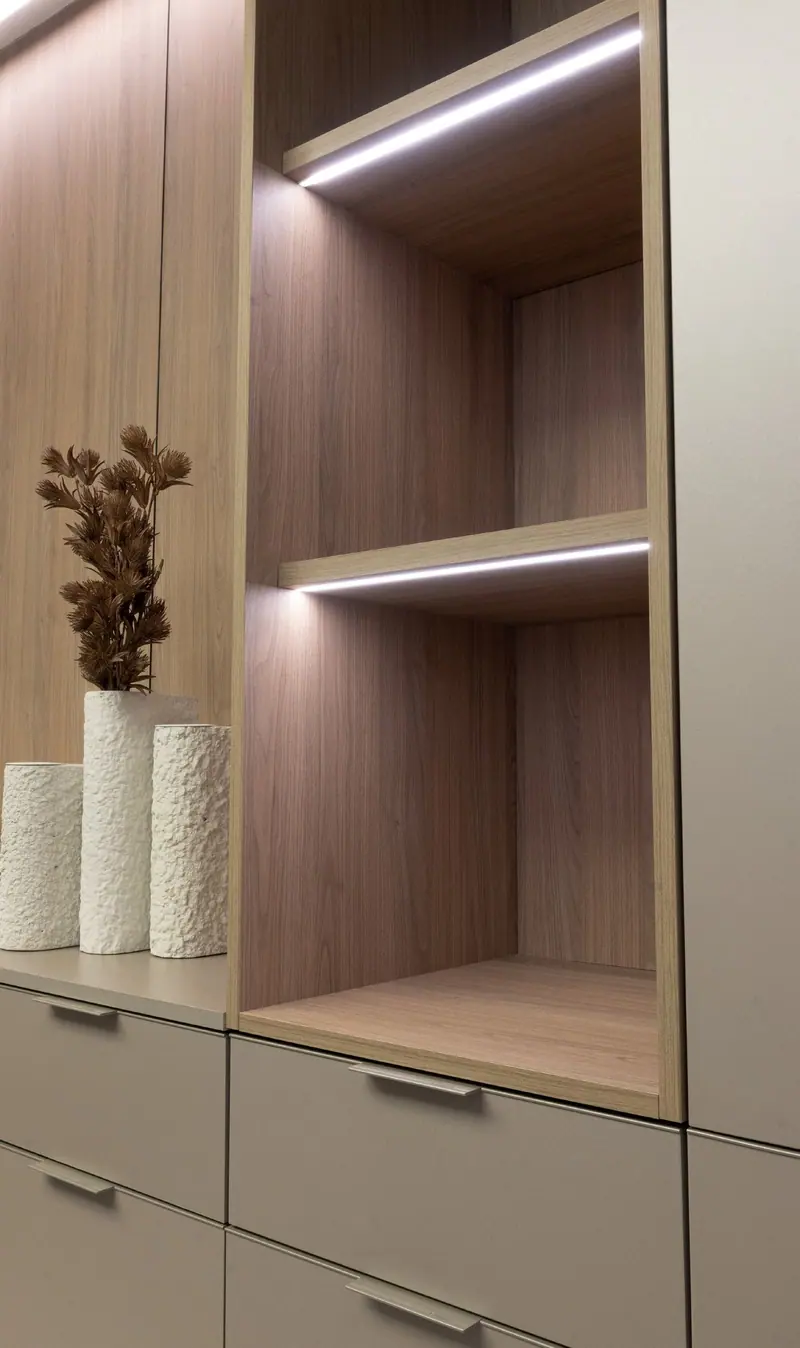 Nichos em tom amadeirado com led sobre gavetas cinza